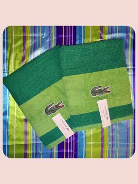 NWT 2x Lacoste Bath Towels Green w/ Embroidered Crocodile Logo Cotton 30" x 52"